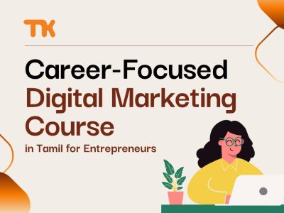 Career-focused digital marketing course in Tamil for entrepreneurs by Tamizha Karthic with laptop illustration