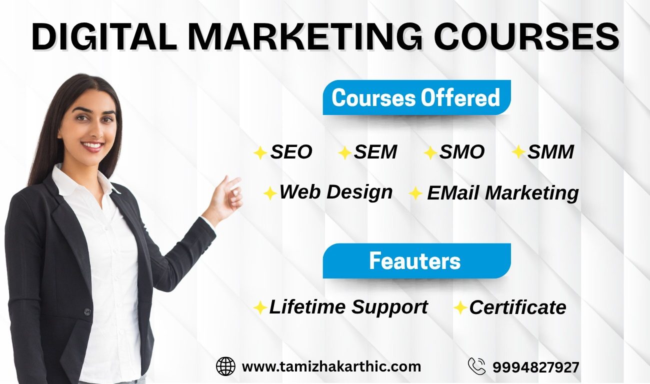 Digital marketing courses in Tamil with SEO, SEM, SMM, web design, email marketing, certificate, and lifetime support